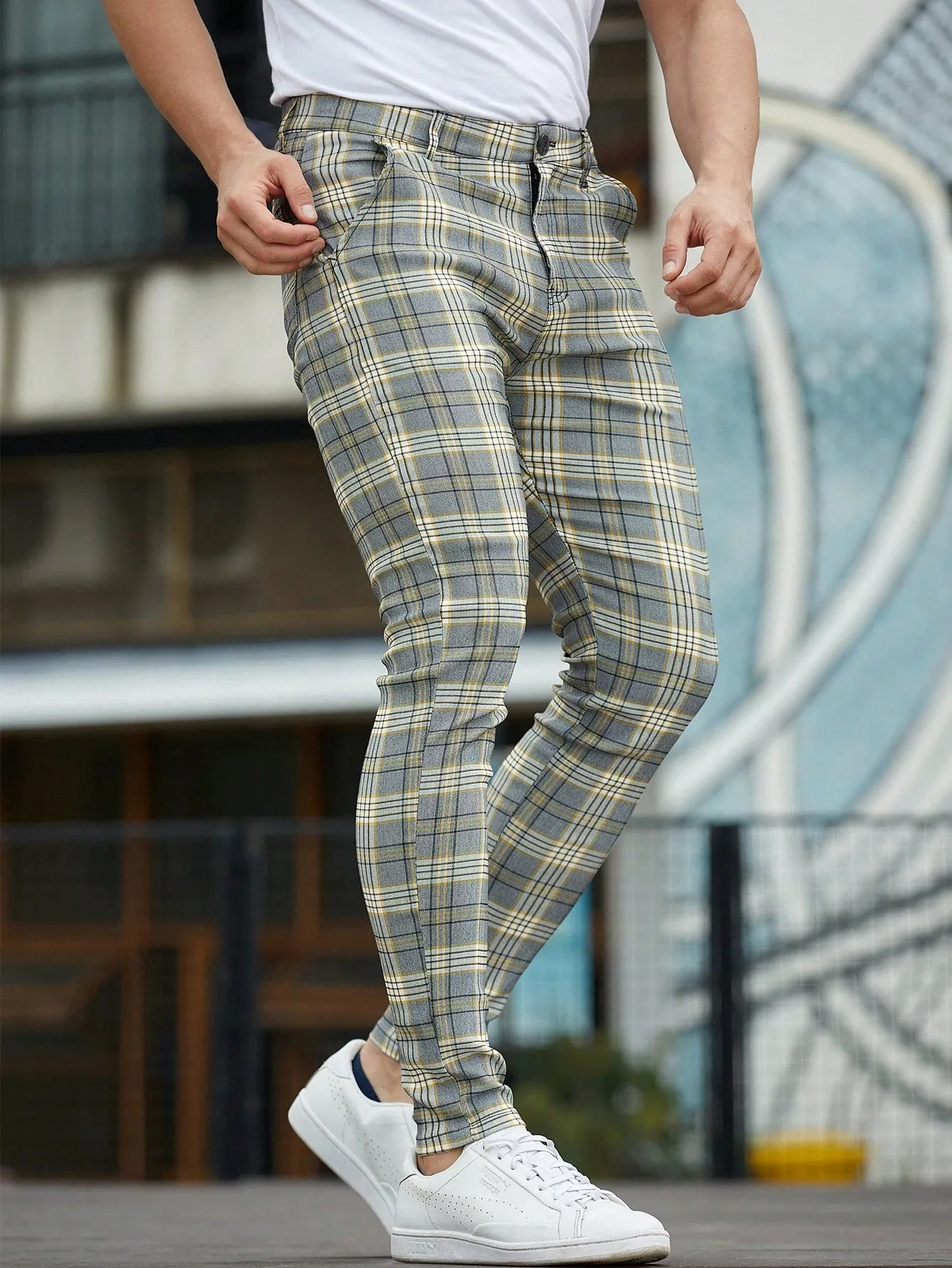 Mens Checked Dress Pants Slim Fit Stretch Chinos Plaid Pants for Men