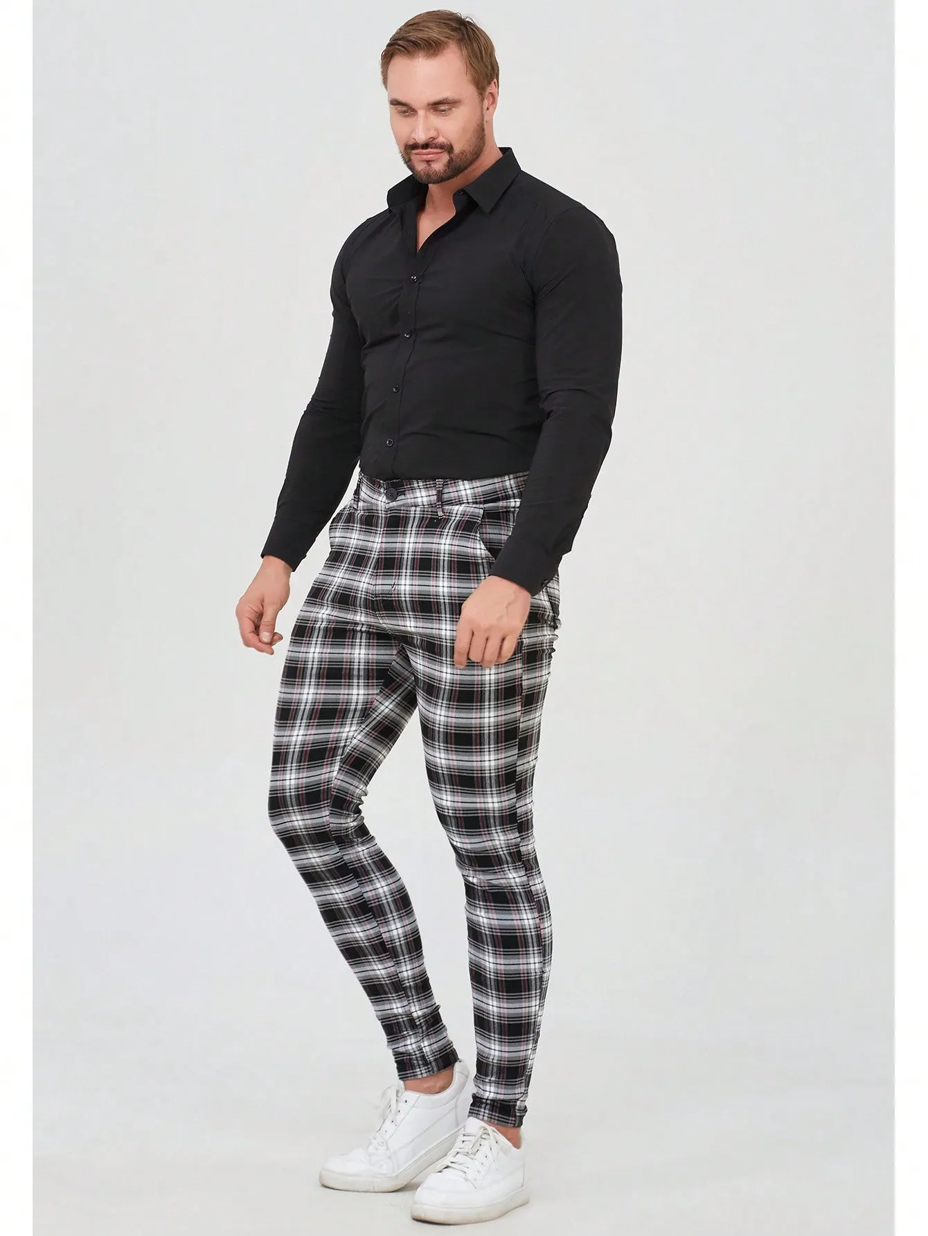 Mens Checked Dress Pants Slim Fit Stretch Chinos Plaid Pants for Men