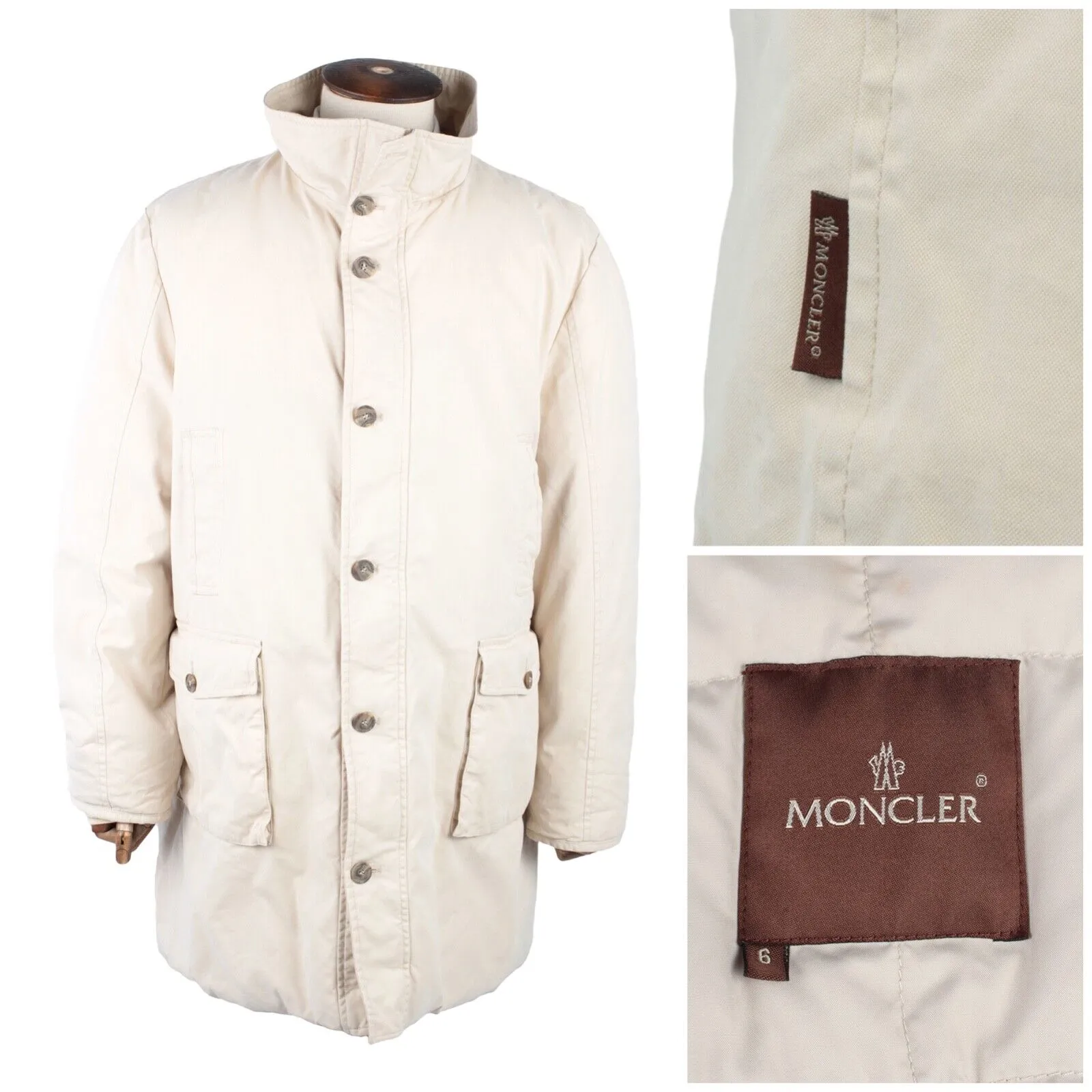 Men's Vintage MONCLER Beige Quilted Down Puffer Coat Long Jacket Size 6 / L