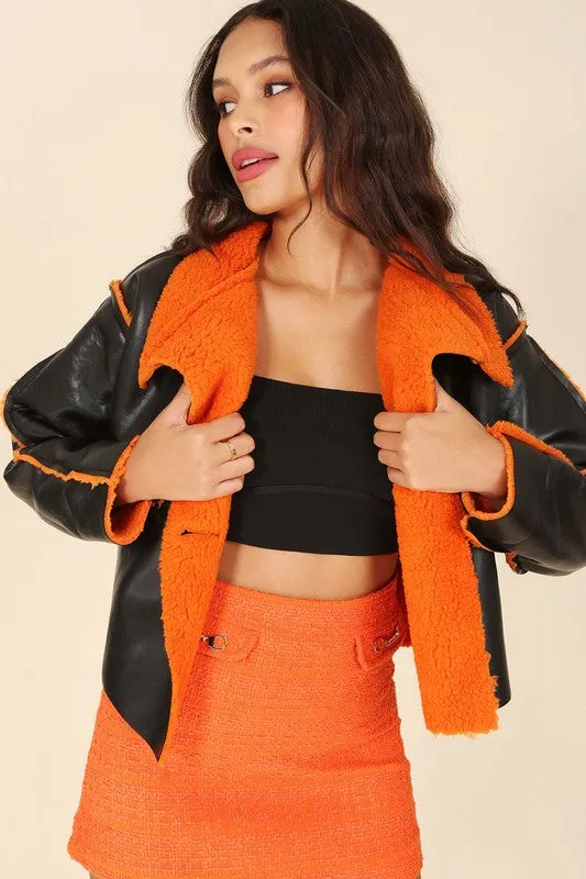 Orange Faux Leather And Shaggy