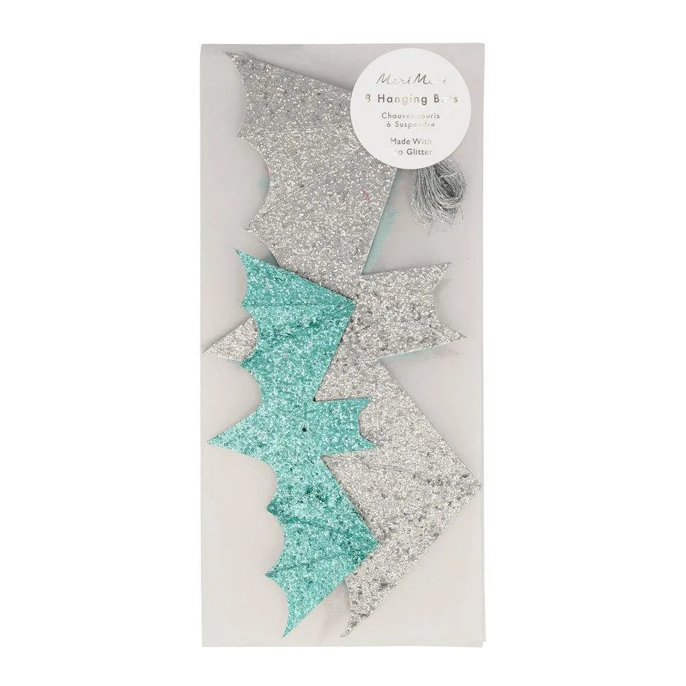 Pastel Halloween Glitter Hanging Bat Decorations,  Includes 6 Bats by Meri Meri in Pink, Silver, & Green