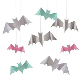 Pastel Halloween Glitter Hanging Bat Decorations,  Includes 6 Bats by Meri Meri in Pink, Silver, & Green