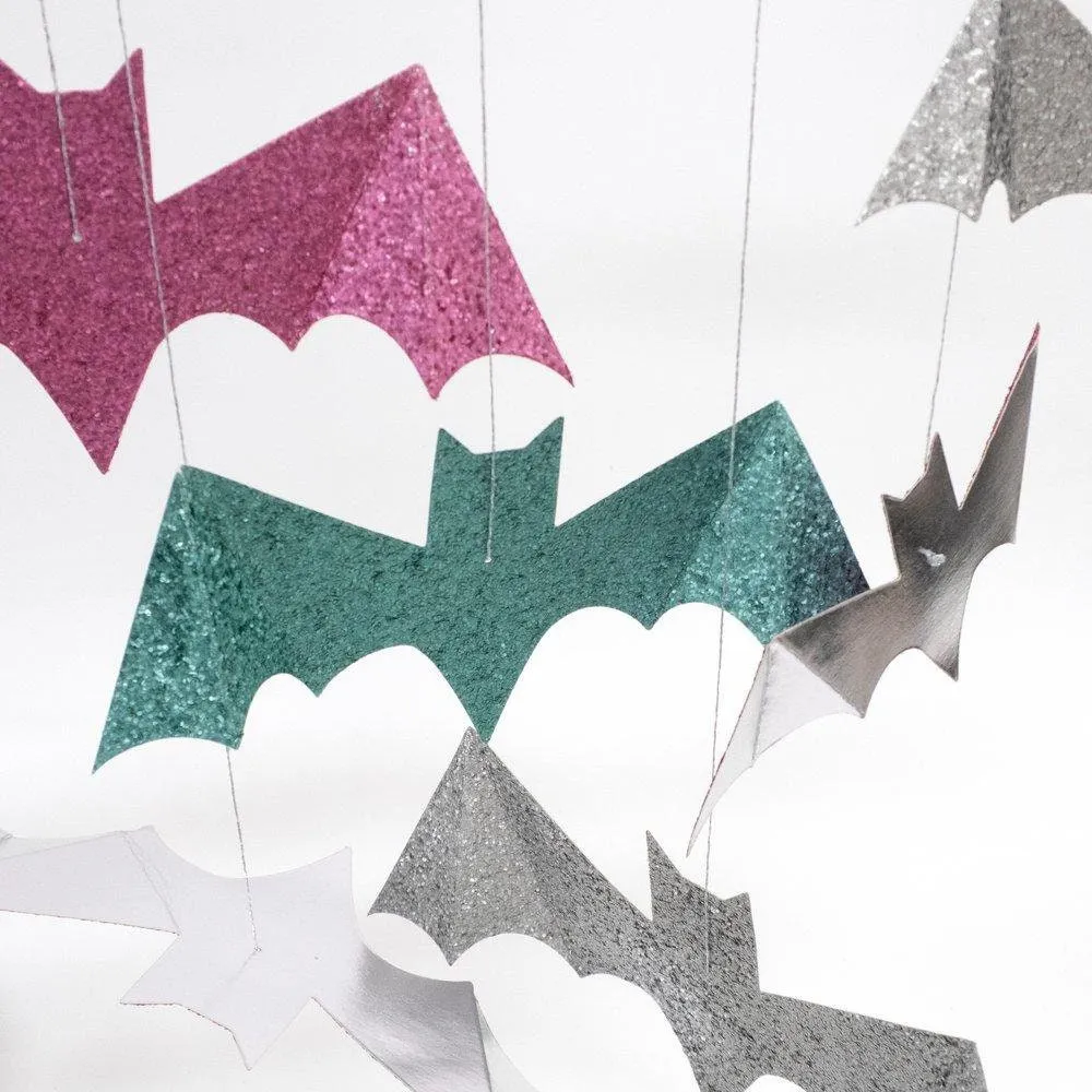 Pastel Halloween Glitter Hanging Bat Decorations,  Includes 6 Bats by Meri Meri in Pink, Silver, & Green