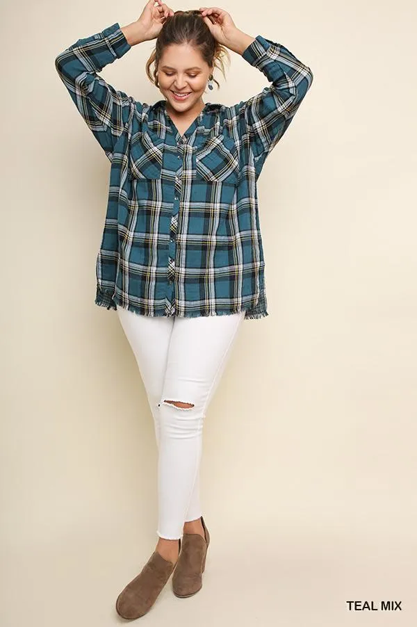 Plaid & Frayed Cotton Top, Teal
