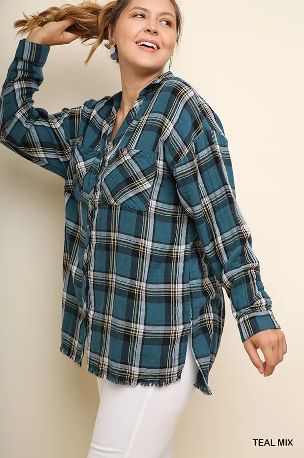 Plaid & Frayed Cotton Top, Teal