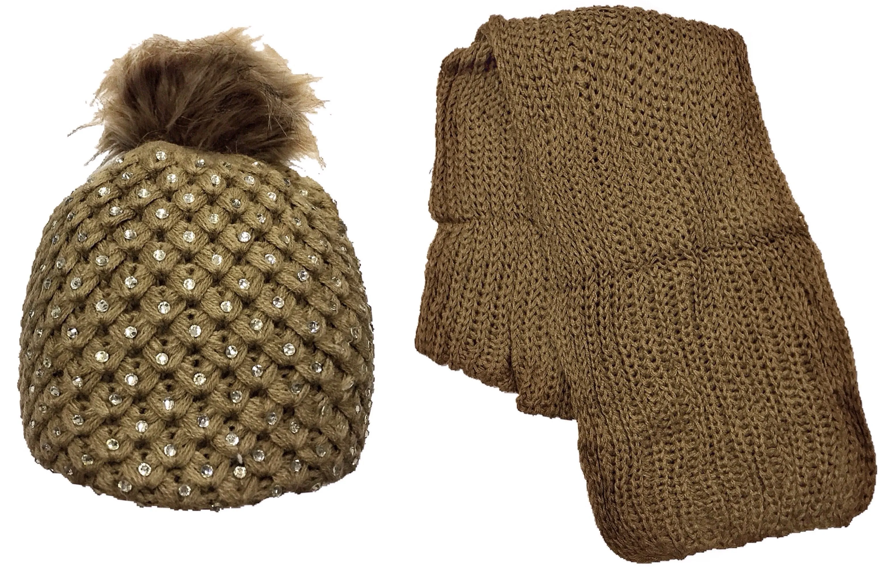Pom Pom Rhinestone Beanie   Scarf Set