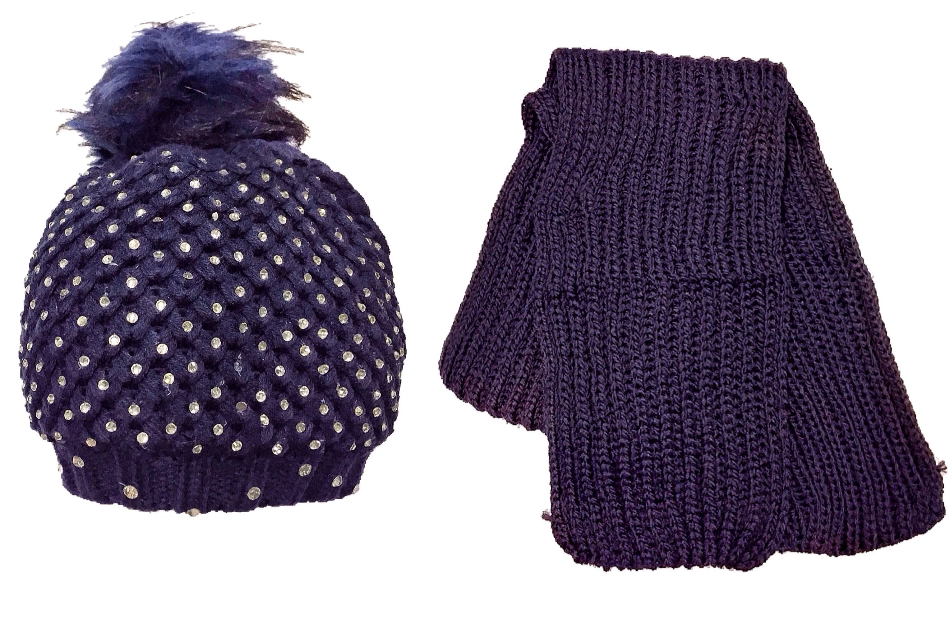 Pom Pom Rhinestone Beanie   Scarf Set