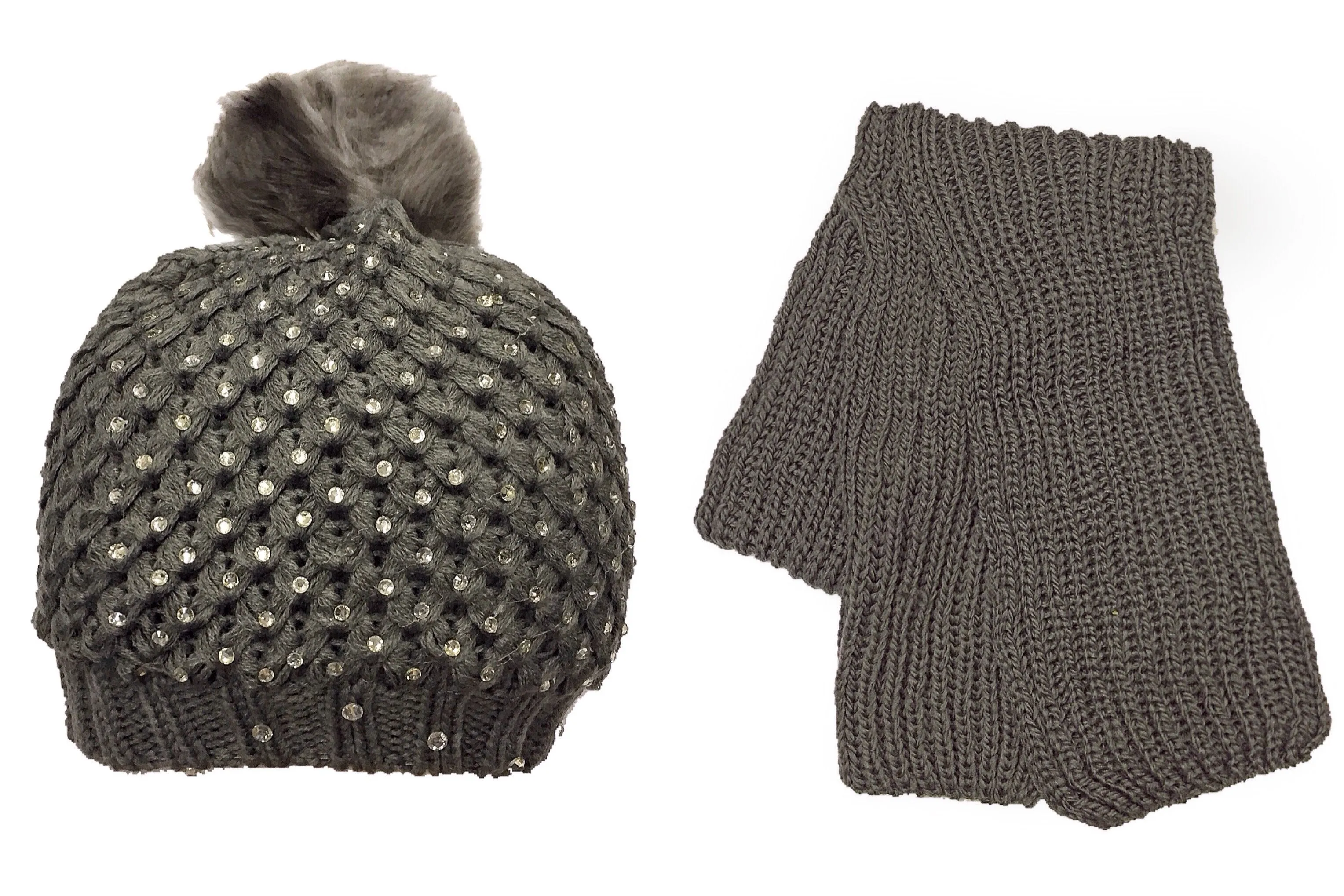 Pom Pom Rhinestone Beanie   Scarf Set