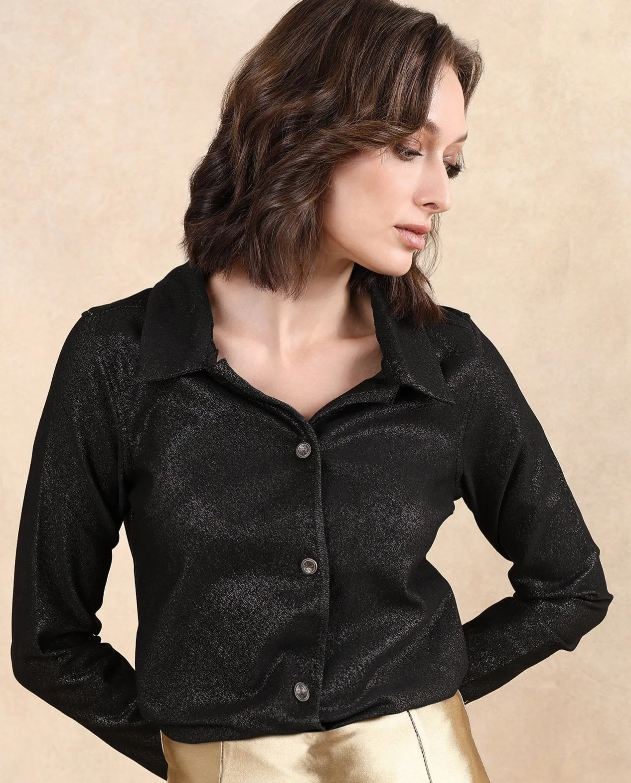 Rareism Women Ribok Black Full Sleeve Collared Neck Regular Fit Jacquard Jacket