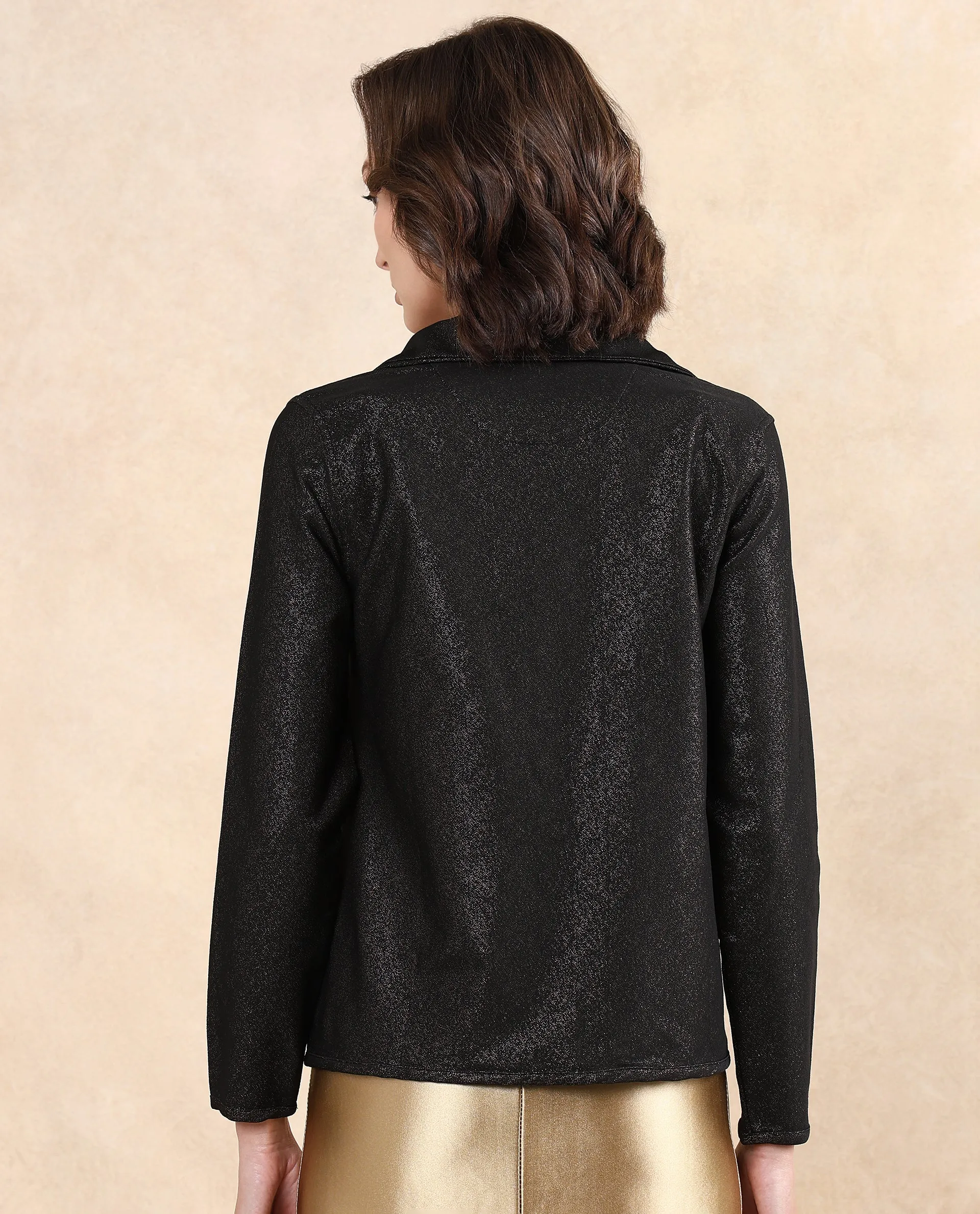 Rareism Women Ribok Black Full Sleeve Collared Neck Regular Fit Jacquard Jacket