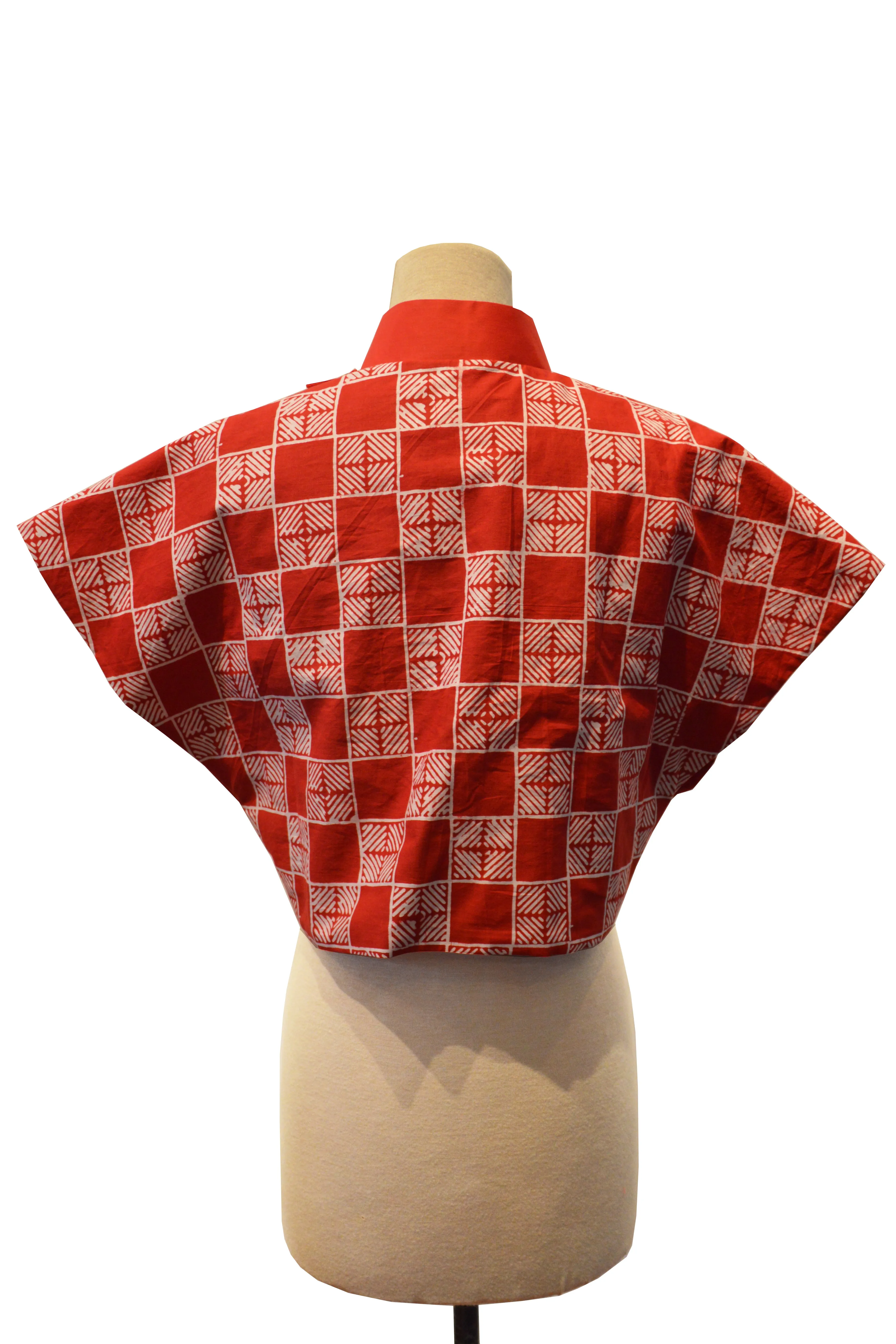 RED SWIRL MOTIVE AND RED CUBES BATIK WITH REVERSIBLE RED COTTON - REVERSIBLE BOLERO JACKET - MULTI