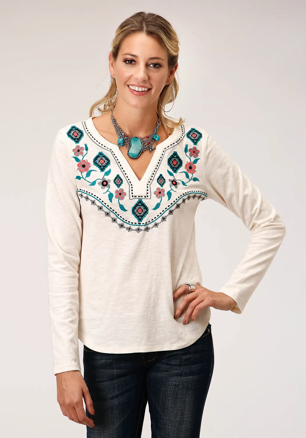 Roper Womens Aztec Floral Cream 100% Cotton L/S Tunic