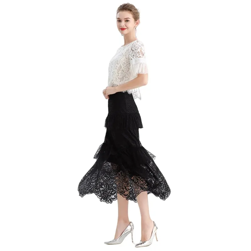 S167 Women sequin embellished lace Swiss dot tulle tiered ruffle long evening skirt