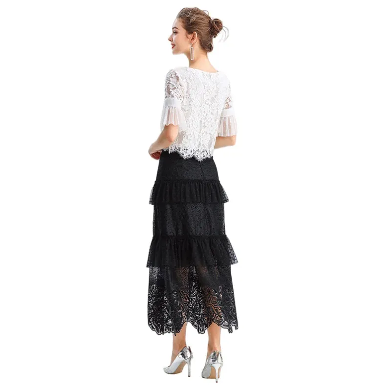 S167 Women sequin embellished lace Swiss dot tulle tiered ruffle long evening skirt
