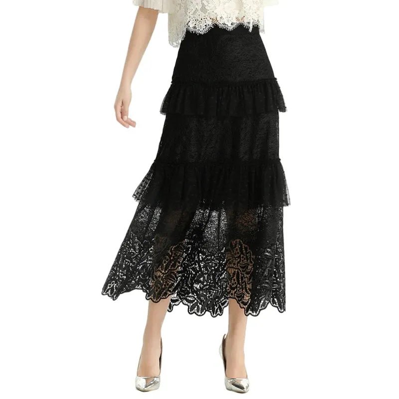 S167 Women sequin embellished lace Swiss dot tulle tiered ruffle long evening skirt