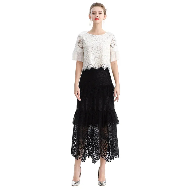 S167 Women sequin embellished lace Swiss dot tulle tiered ruffle long evening skirt