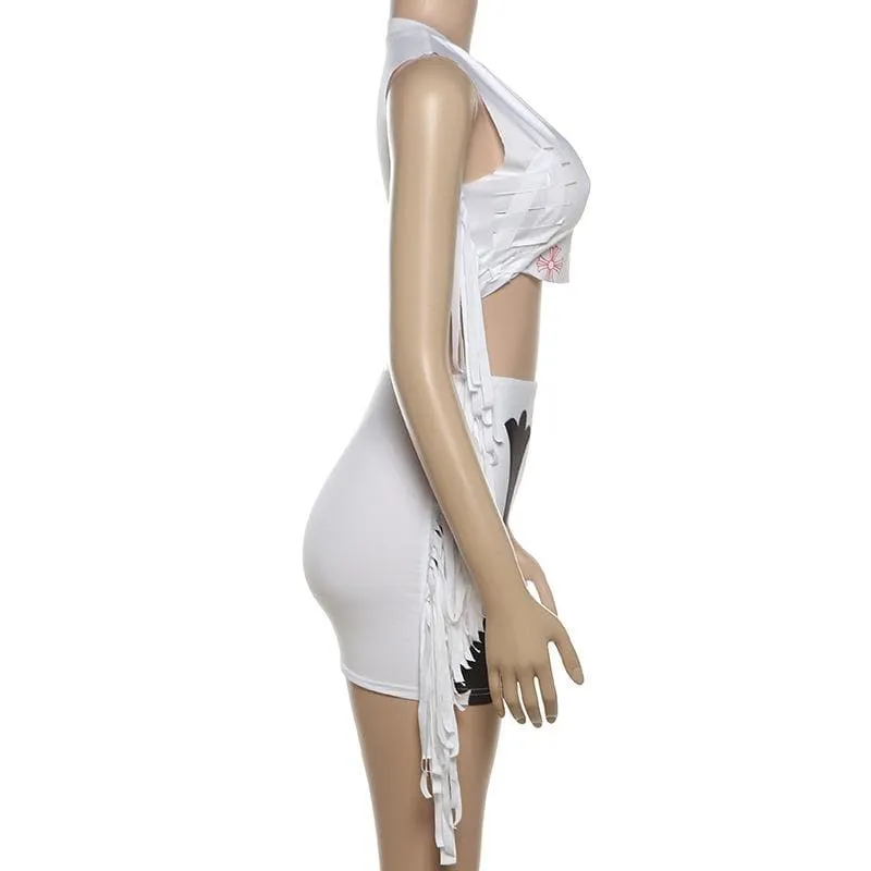 Sleeveless print tassel crop mini skirt set