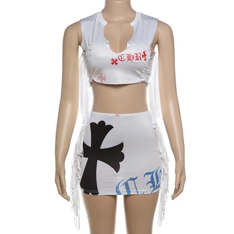 Sleeveless print tassel crop mini skirt set