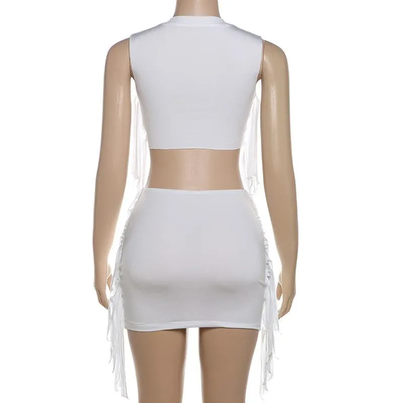Sleeveless print tassel crop mini skirt set