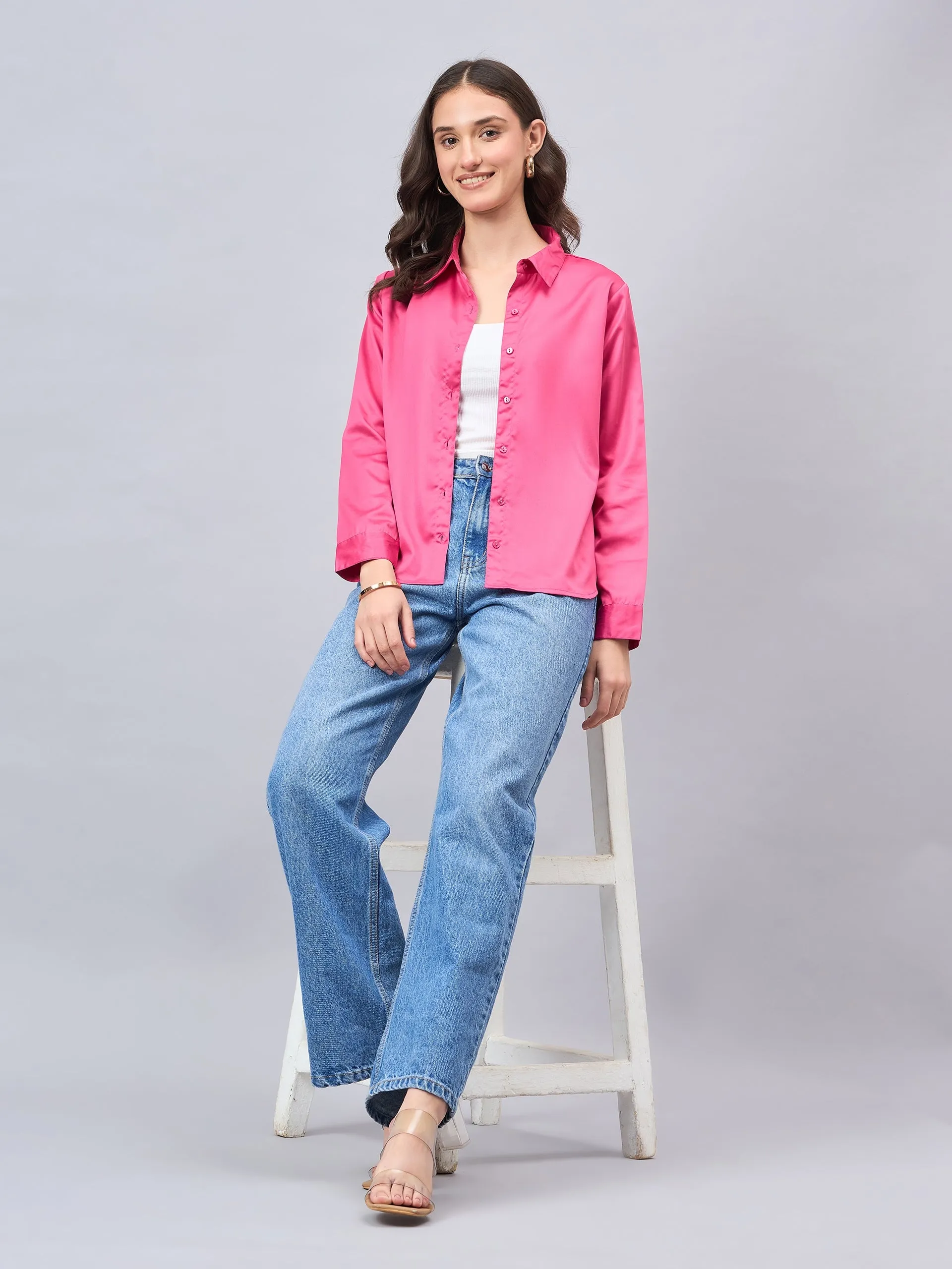 Style Quotient Women Fuchsia Pink Satin Regular Formal Shirt