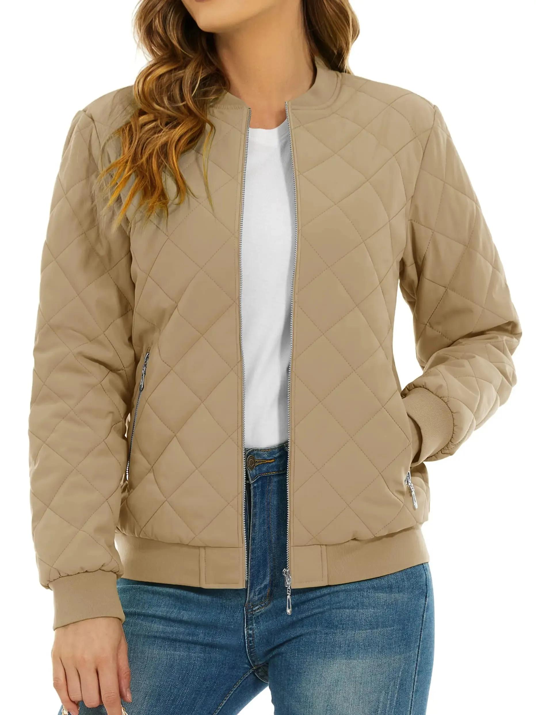 TACVASEN Padded Warm Jackets Womens Classic Retro Pilot bomber Jackets Diamond Quilted Coats Full Zip Up Pockets Casual Outwear