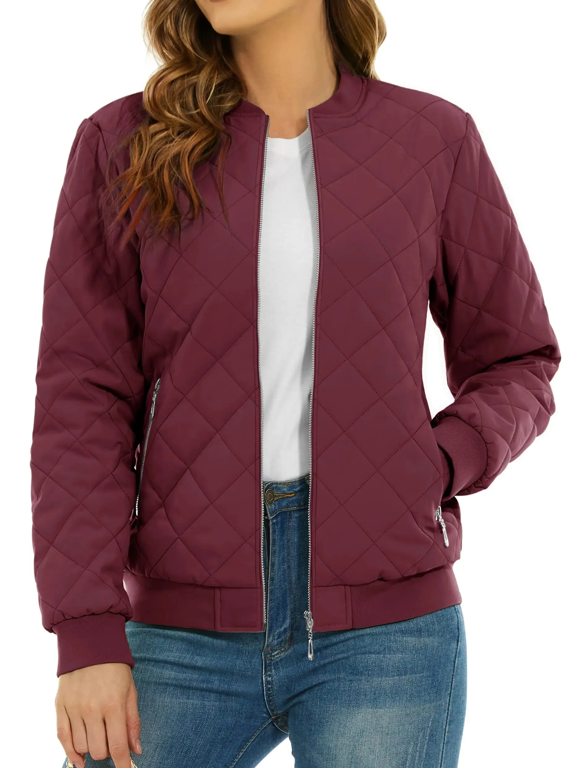 TACVASEN Padded Warm Jackets Womens Classic Retro Pilot bomber Jackets Diamond Quilted Coats Full Zip Up Pockets Casual Outwear