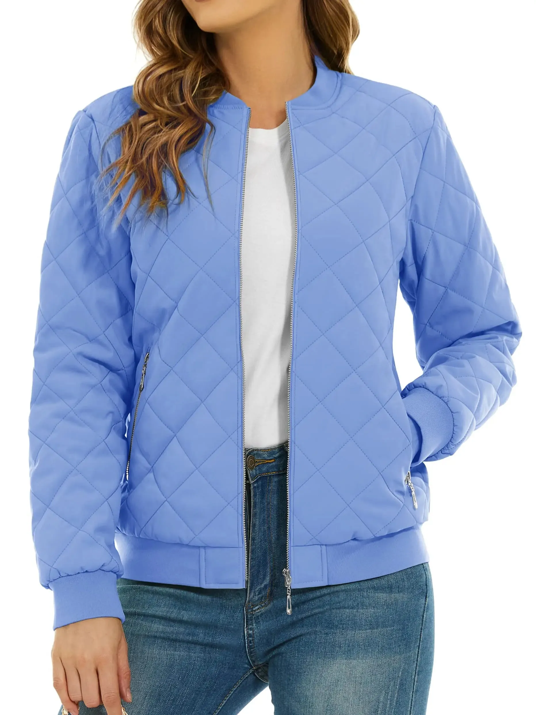 TACVASEN Padded Warm Jackets Womens Classic Retro Pilot bomber Jackets Diamond Quilted Coats Full Zip Up Pockets Casual Outwear