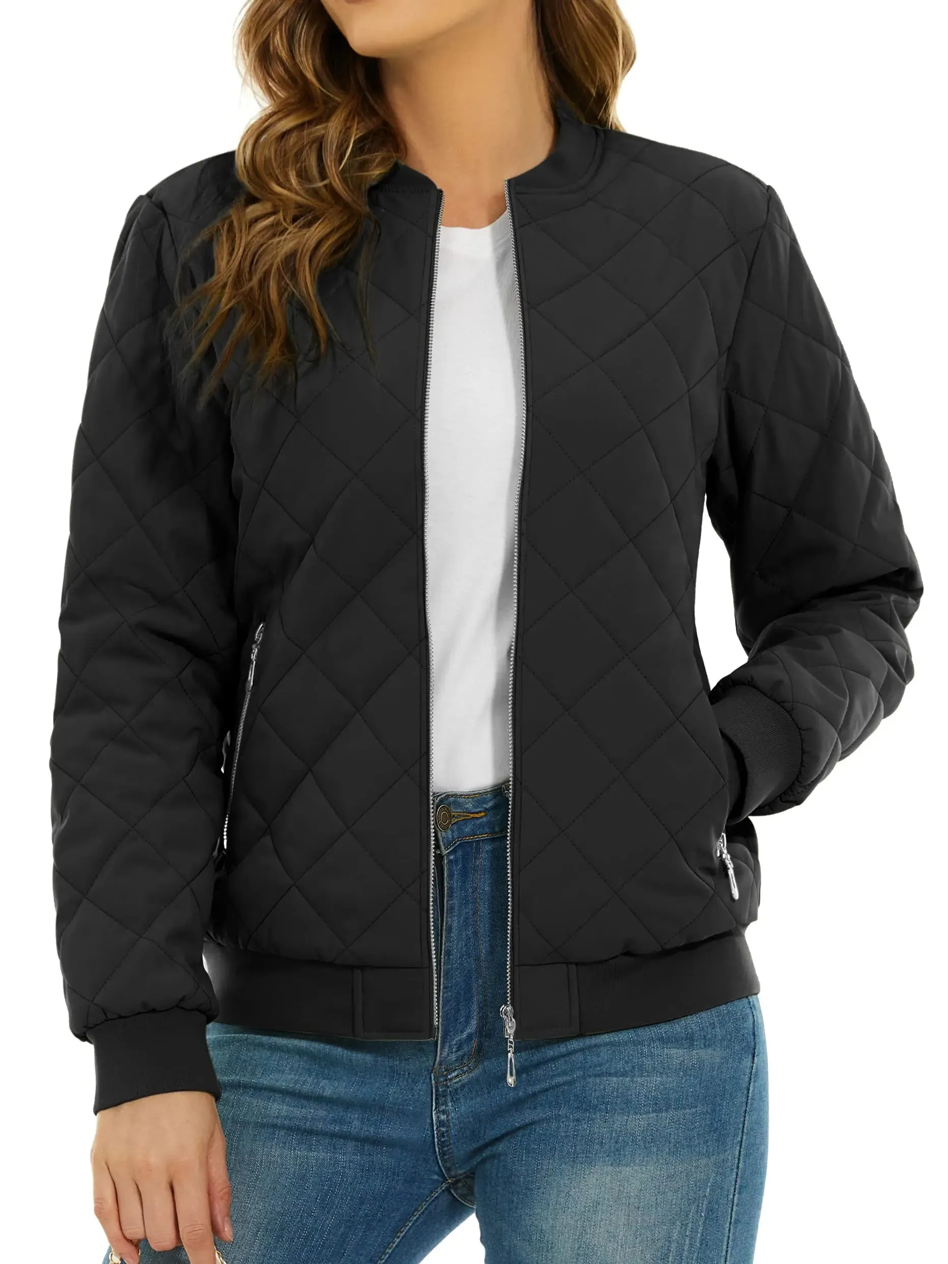 TACVASEN Padded Warm Jackets Womens Classic Retro Pilot bomber Jackets Diamond Quilted Coats Full Zip Up Pockets Casual Outwear