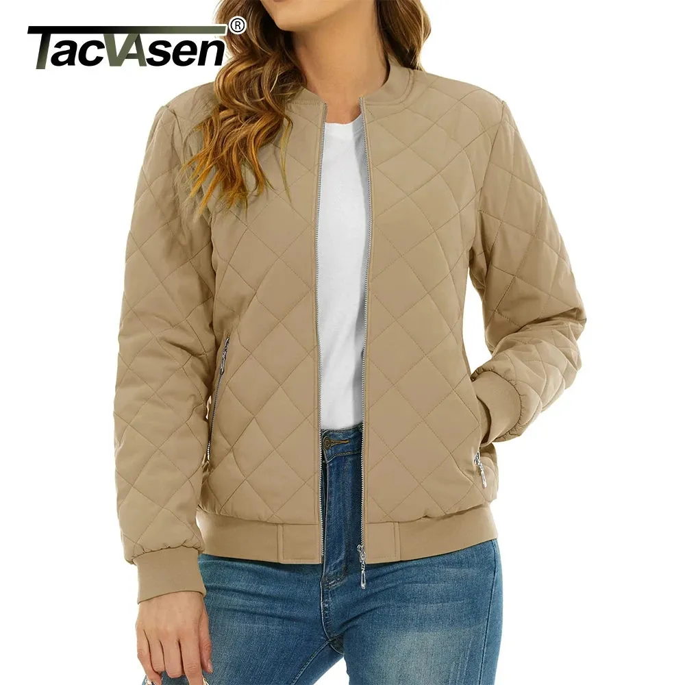 TACVASEN Padded Warm Jackets Womens Classic Retro Pilot bomber Jackets Diamond Quilted Coats Full Zip Up Pockets Casual Outwear