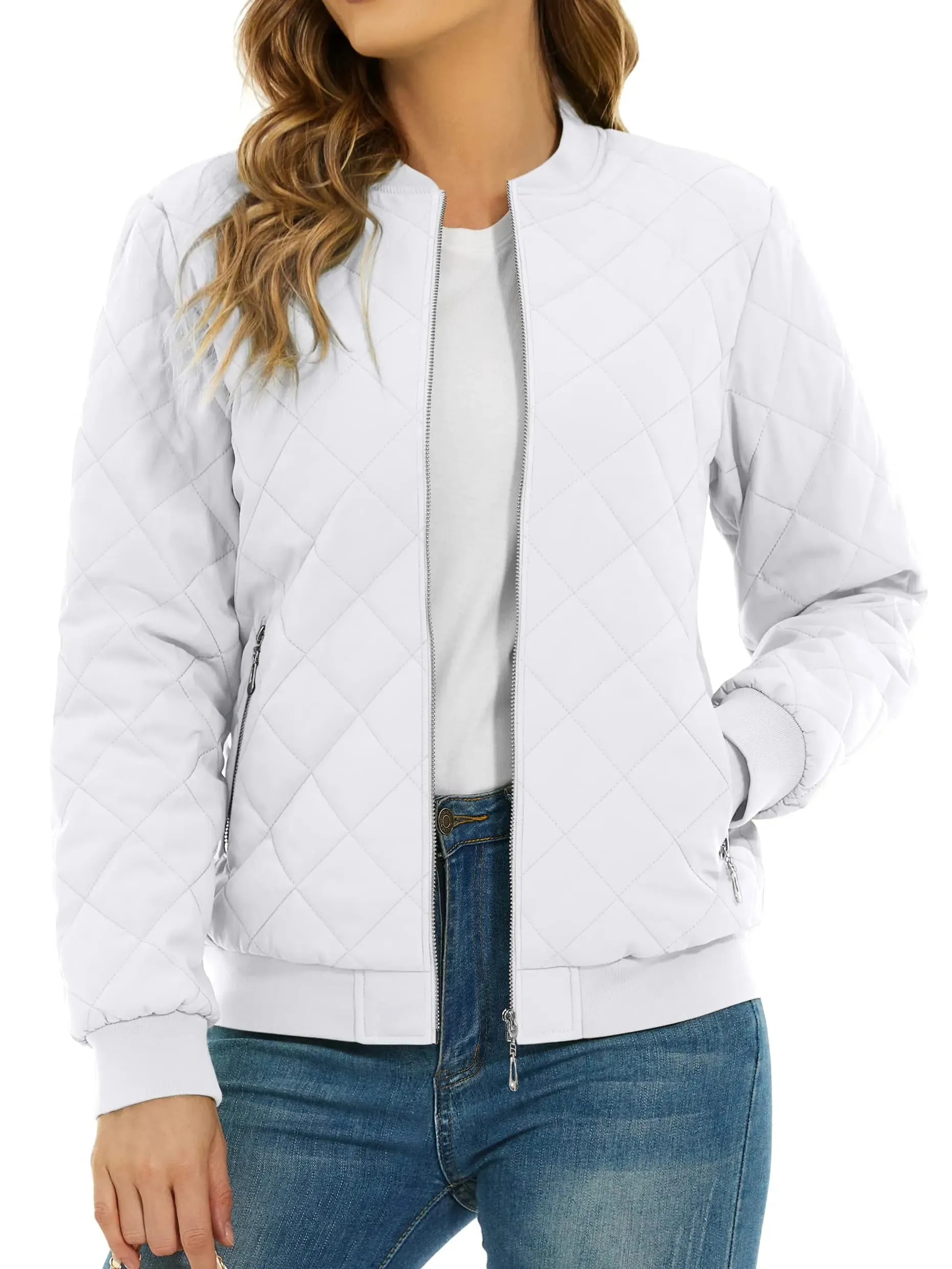 TACVASEN Padded Warm Jackets Womens Classic Retro Pilot bomber Jackets Diamond Quilted Coats Full Zip Up Pockets Casual Outwear