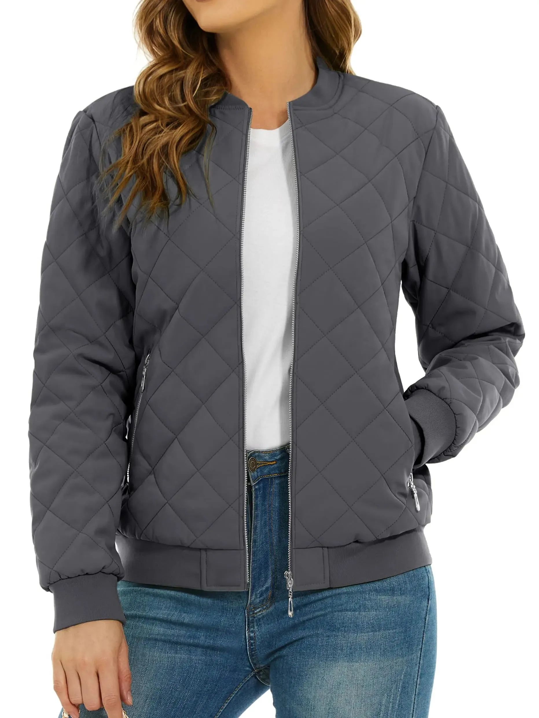 TACVASEN Padded Warm Jackets Womens Classic Retro Pilot bomber Jackets Diamond Quilted Coats Full Zip Up Pockets Casual Outwear