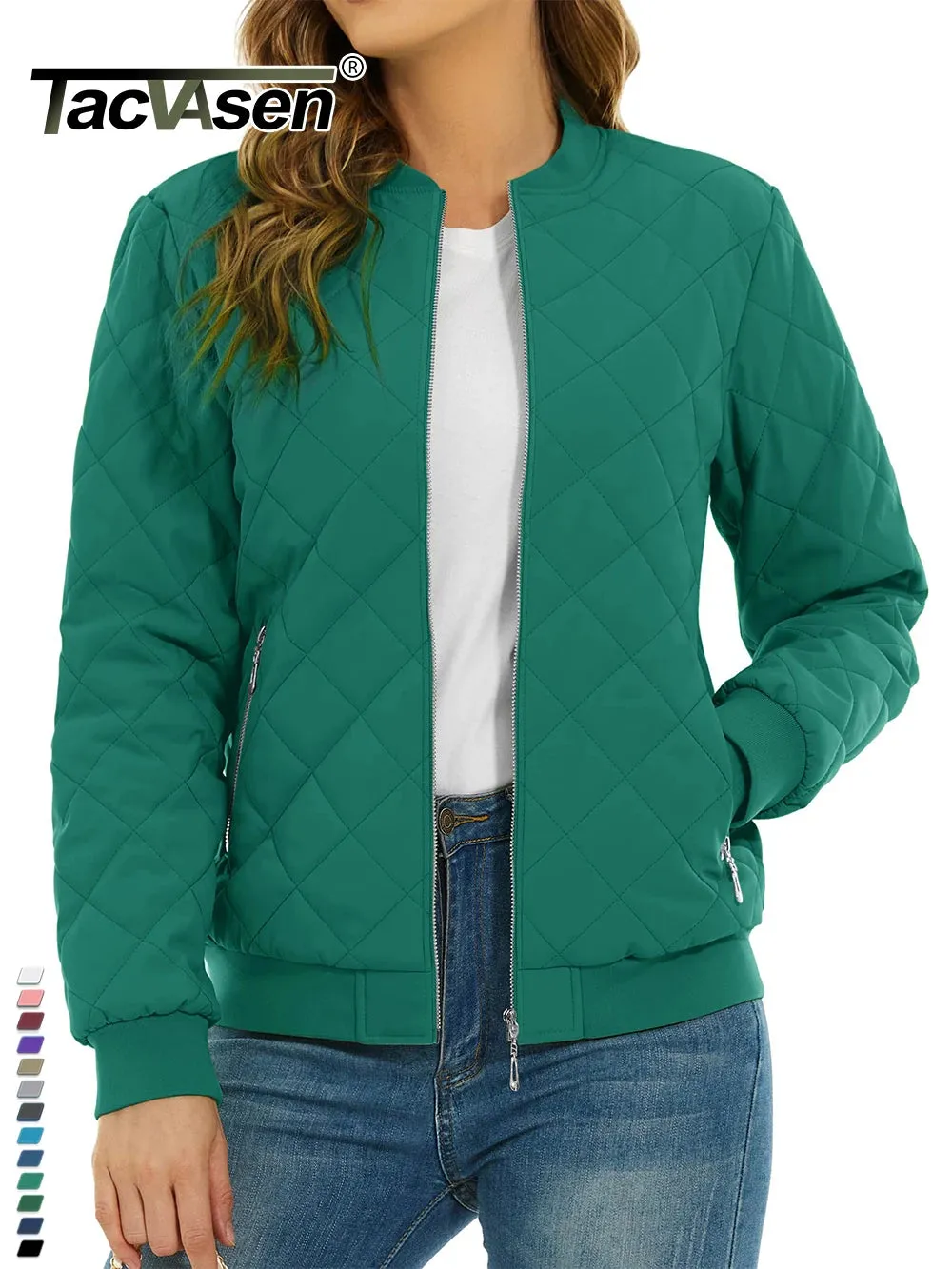 TACVASEN Padded Warm Jackets Womens Classic Retro Pilot bomber Jackets Diamond Quilted Coats Full Zip Up Pockets Casual Outwear