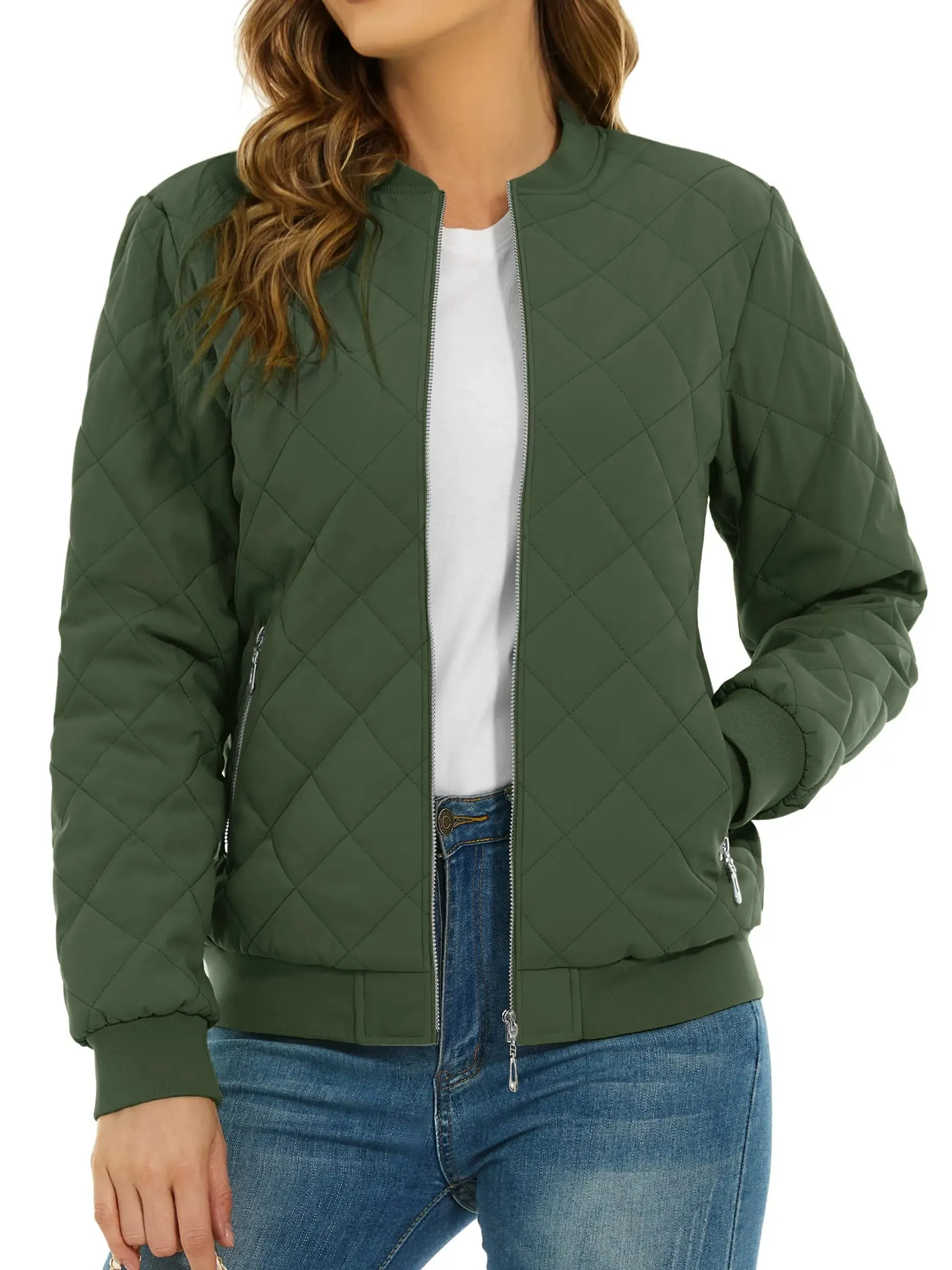 TACVASEN Padded Warm Jackets Womens Classic Retro Pilot bomber Jackets Diamond Quilted Coats Full Zip Up Pockets Casual Outwear