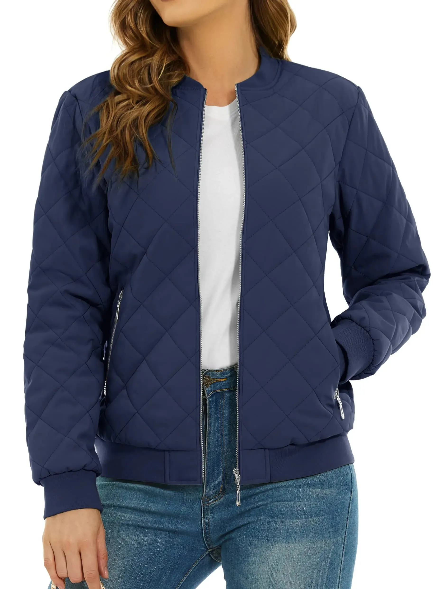 TACVASEN Padded Warm Jackets Womens Classic Retro Pilot bomber Jackets Diamond Quilted Coats Full Zip Up Pockets Casual Outwear