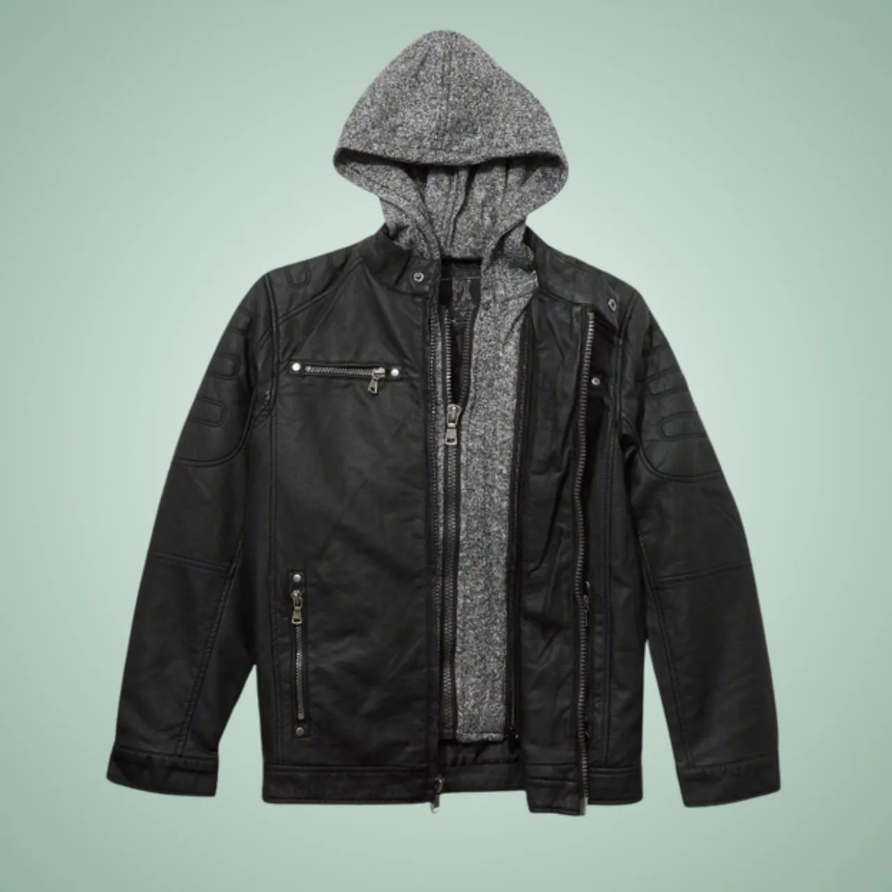 Vegan Leather Moto Jacket with Knit Hoodie