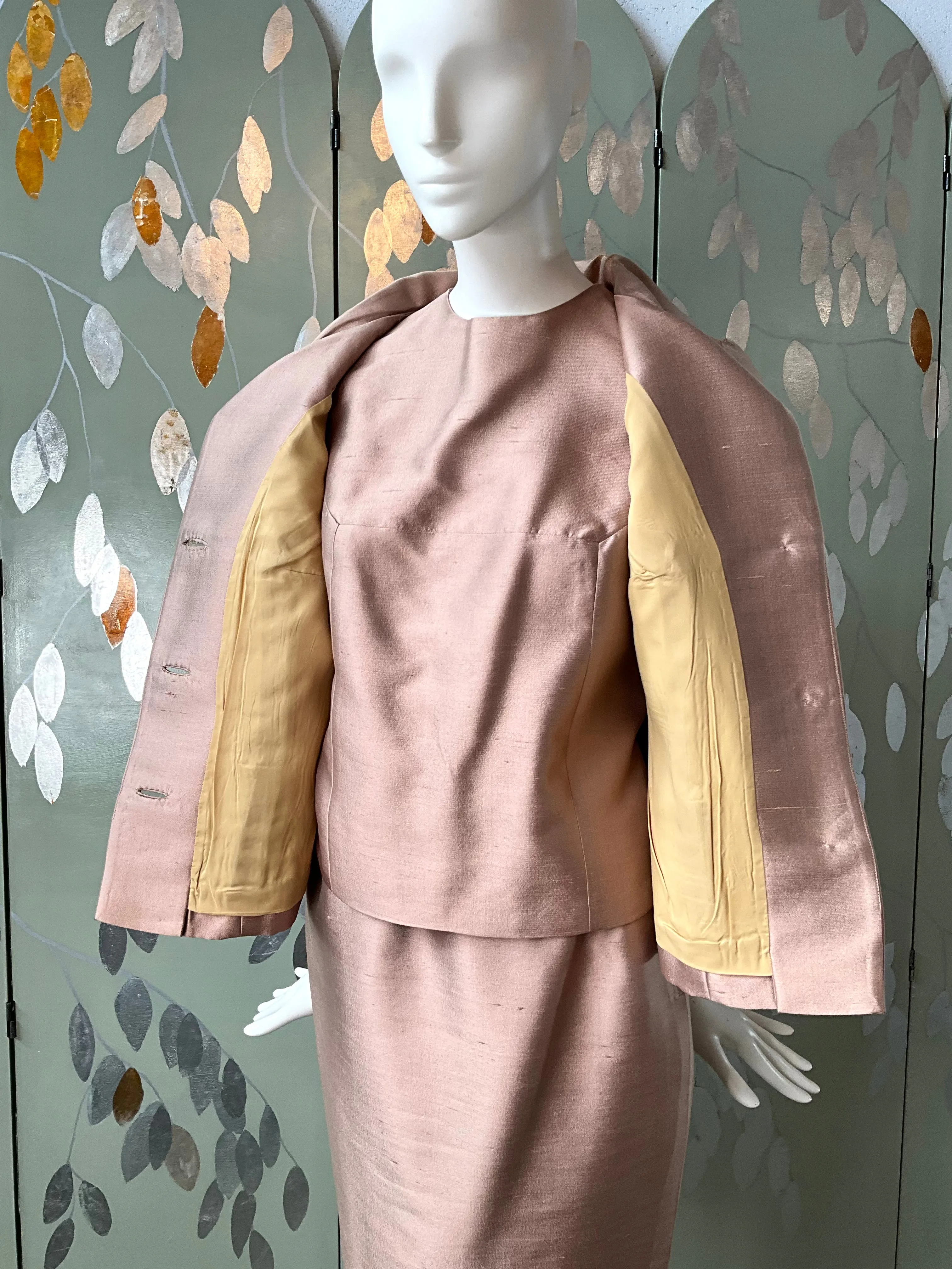 Vintage 1960s Beige Silk 3-PC Skirt Suit, Small
